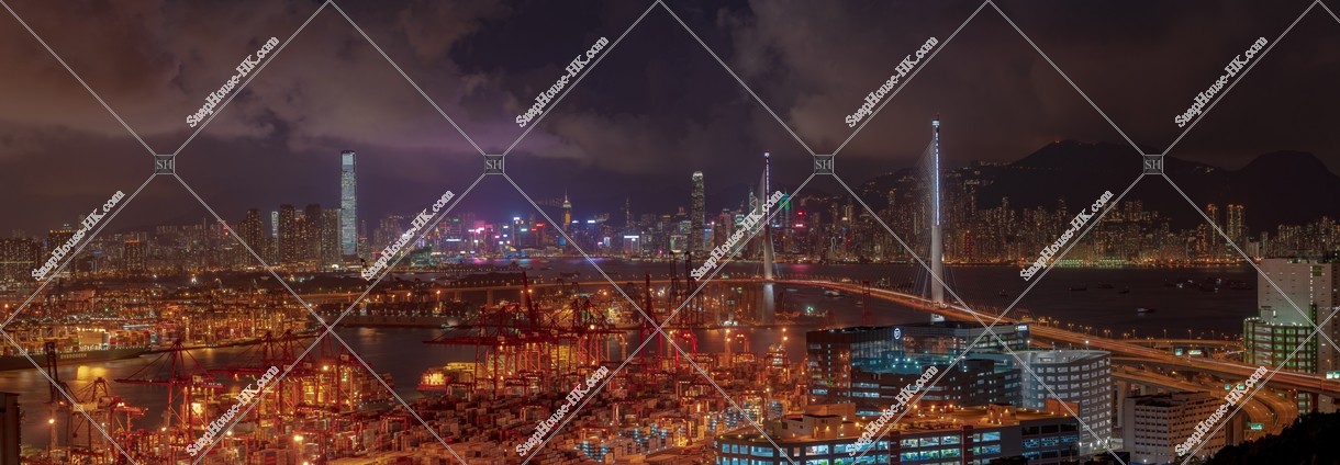 Panoramatic night view of Kwai Tsing Container Terminal, West Kowloon and Hong Kong Island