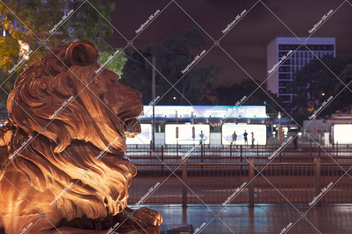 Lion statues of HSBC Main Building at night, Central