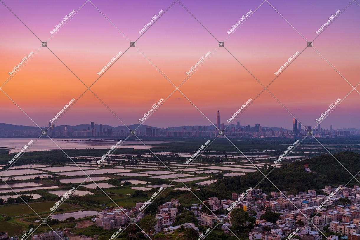 Evening view of ponds at Fung Lok Wai, and Shenzhen, No.4