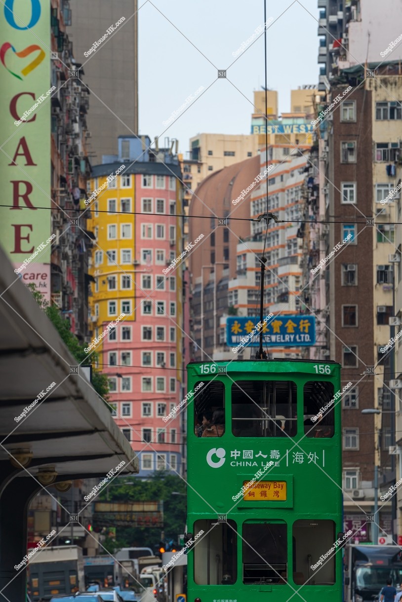 Street view of Wan Chai with Hong Kong Tramway, No.4