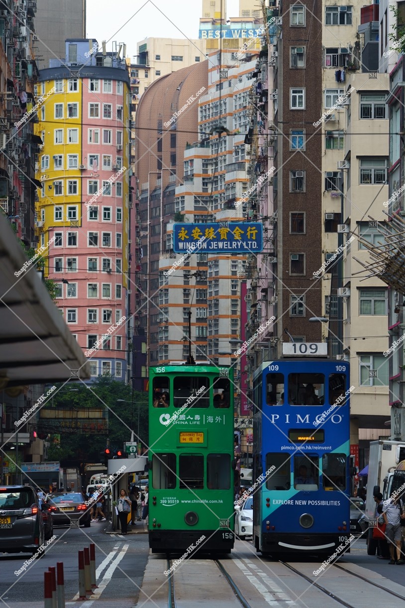 Street view of Wan Chai with Hong Kong Tramway, No.5
