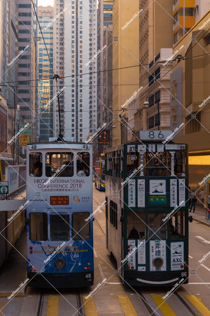 View of Sheung Wan with Hong Kong Tramway in the evening