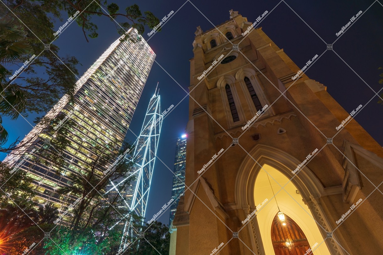 St. John's Cathedral and  the high-rise buildings at night, Central