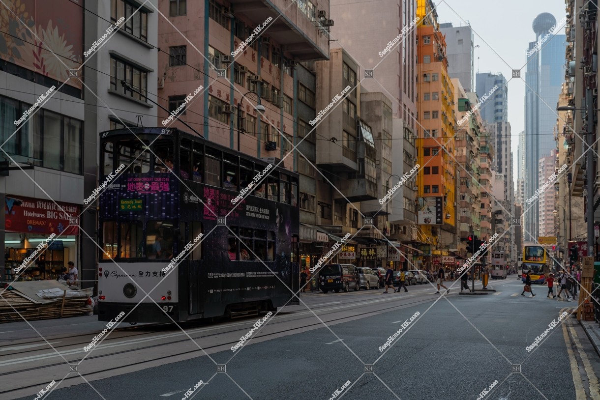 Street view of Sai Ying Pun with Hong Kong Tramway