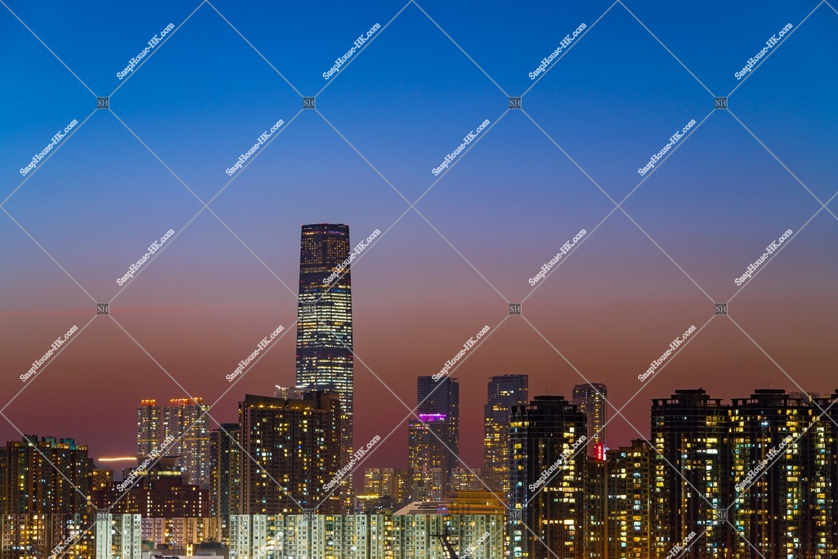 Dusk view of high-rise buildings at Kowloon Peninsula