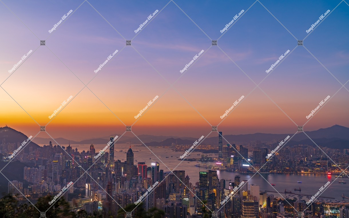 Skyline view of Hong Kong Island and Kowloon Peninsula at dusk, No.1