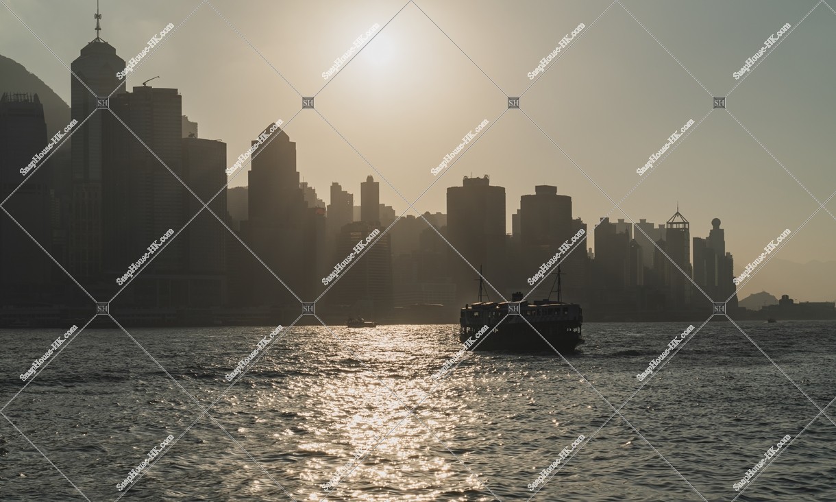 View of high-rise buildings of Sheung Wan to Central and Victoria Harbour in the evening, No.1