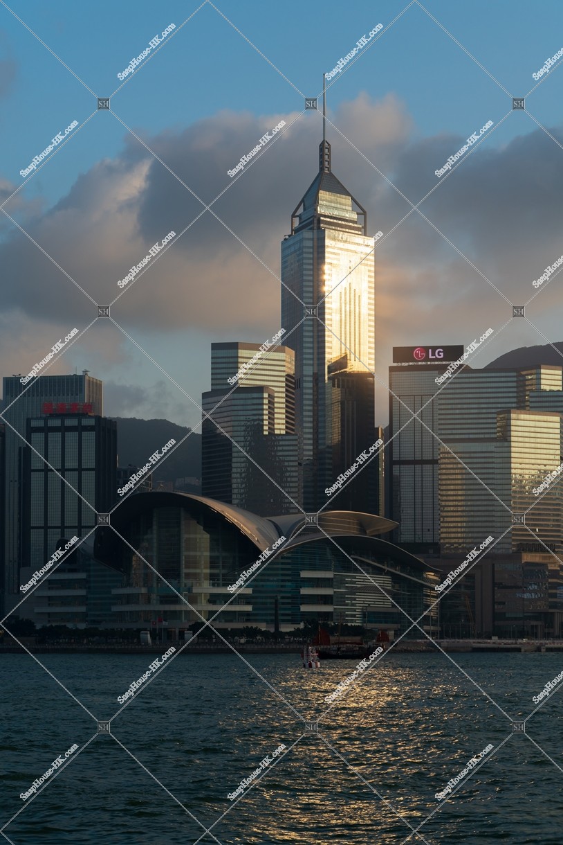View of high-rise buildings of Hong Kong Island Sheung Wan and Victoria Harbour in the evening, No.1
