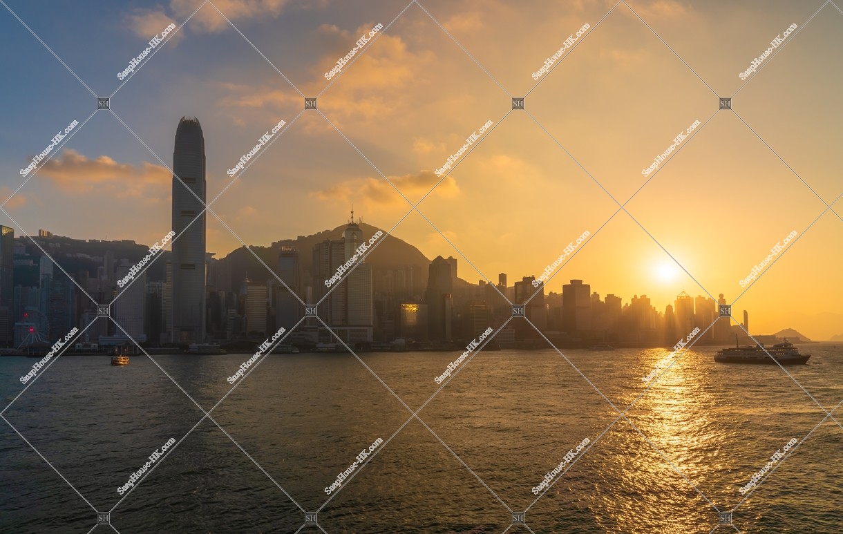 the setting sun and high-rise buildings at Hong Kong Island, No.2
