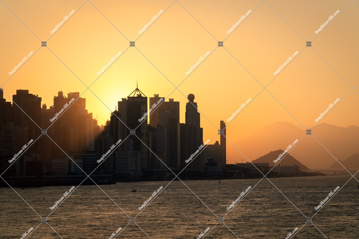 View of high-rise buildings at Hong Kong Island at sunset time, No.3