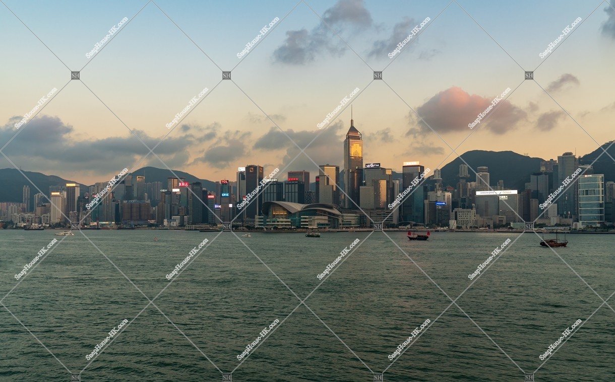 View of high-rise buildings at Hong Kong Island at sunset time, No.8