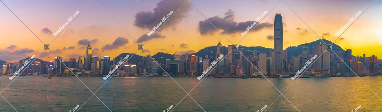 Panoramatic view View of high-rise buildings at Hong Kong Island at sunset time