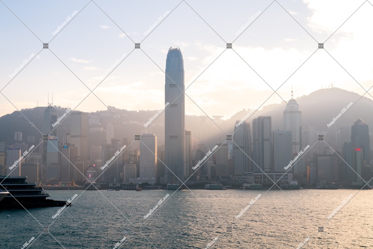 View of the high-rise buildings of Central in smog at sunset time, view from Tsim Sha Tsui, No.3