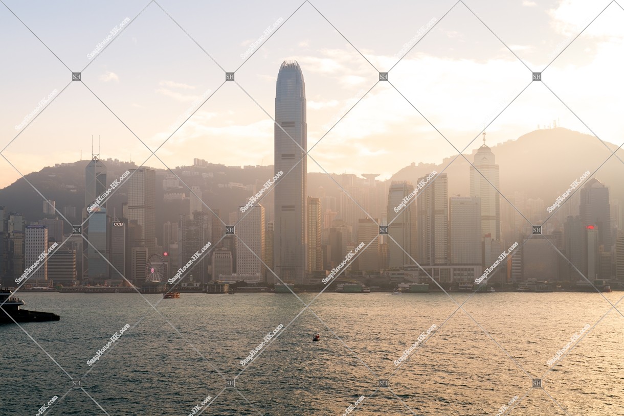 View of the high-rise buildings of Central in smog at sunset time, view from Tsim Sha Tsui, No.4