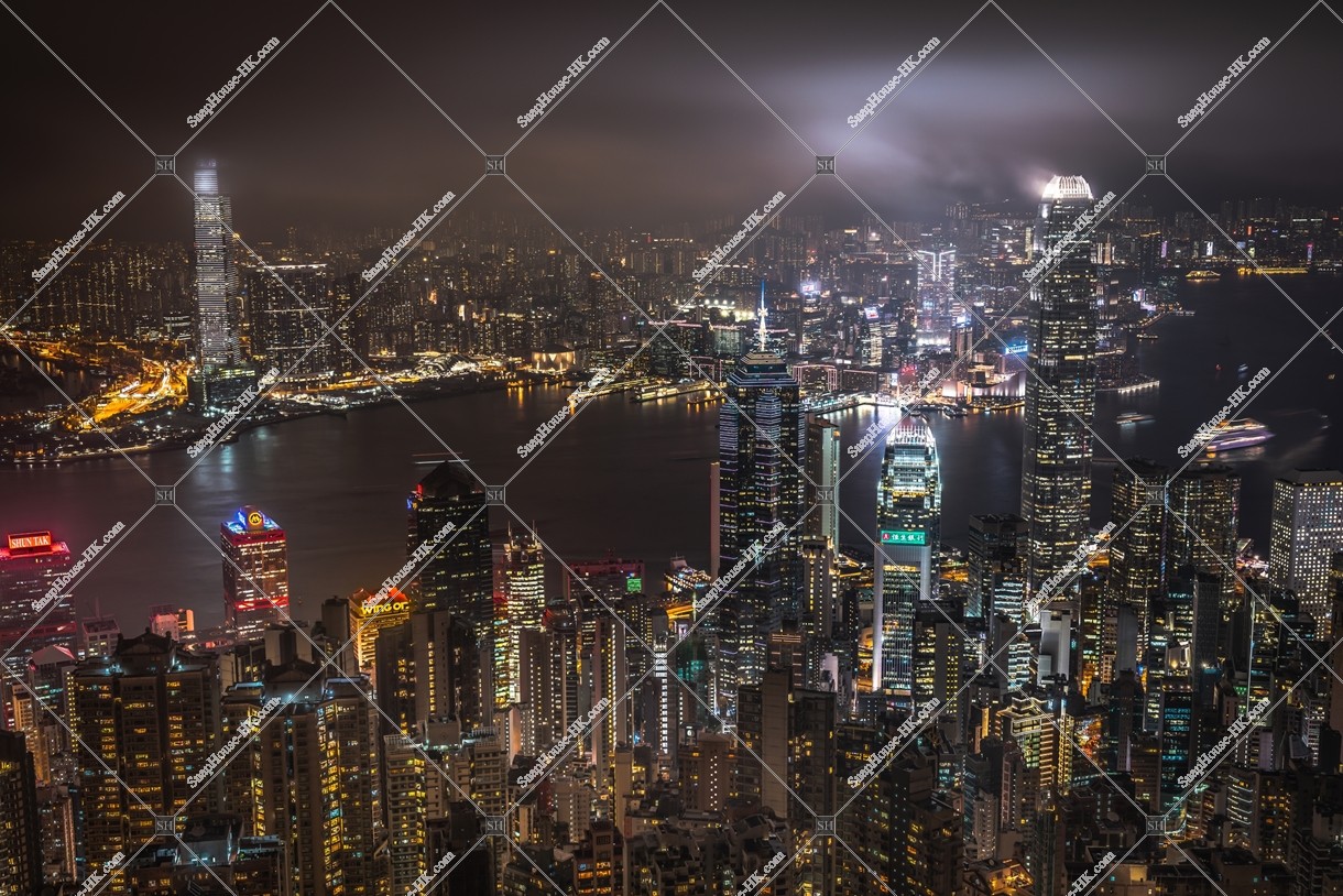 Night view of Hong Kong with cloudy sky, view from The Peak, No.4