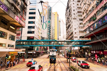 Street view of Causeway Bay with Hong Kong Tramway