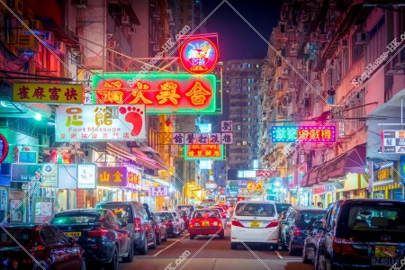 Night street view of Woosung Street with signboards at Jordan