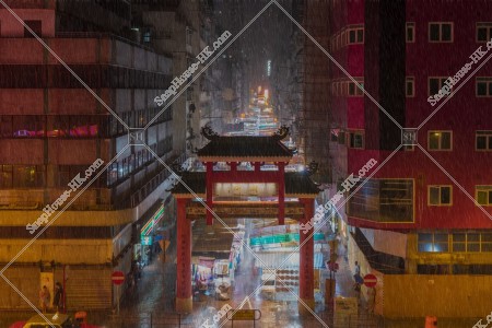 View of Temple Street Night Market in rainy weather, Jordan, No.1