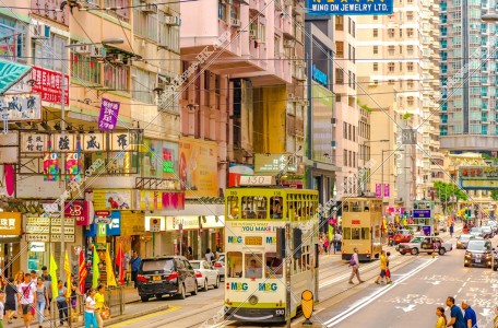 Street view of Wan Chai with Hong Kong Tramway, No.4