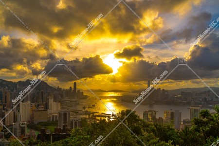 View of Hong Kong Island and Kowloon Peninsula at sunset time, No.2