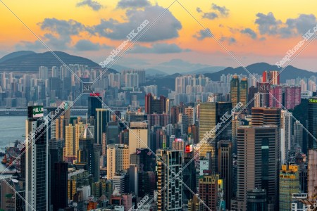 View of high-rise buildings at Causeway Bay to Fortress Hill in sunset time