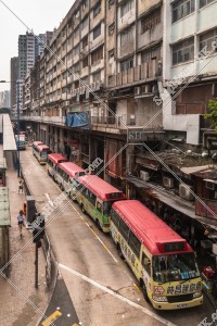View of the old building and mini bus in Yue Man Square at Kwun Tong