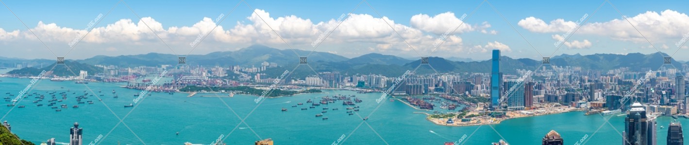 Panoramatic cityscape of Stonecutters Island to West Kowloon