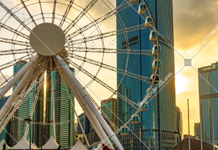 View of The Hong Kong Observation Wheel and ifc2 at sunset time, Central, No.3