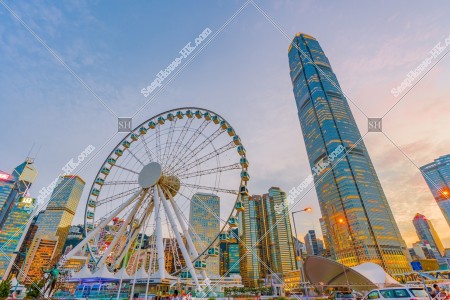 View of The Hong Kong Observation Wheel and ifc2 at sunset time, Central, No.4