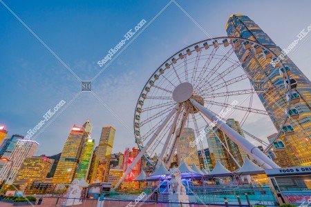 The Hong Kong Observation Wheel and high-rise buildings at Central after sunset, No.1