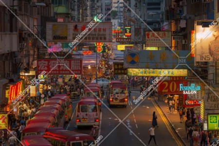 View of signboards and Minibuses at Mong Kok after sunset, No.1