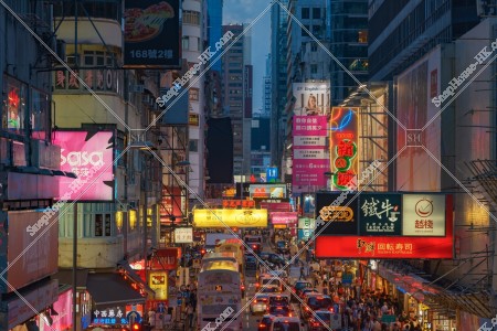 Street view of Mong Kok with signboards after sunset, No.1