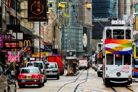 Street view of Des Voeux Road Central with Hong Kong Tramway at Sheung Wan