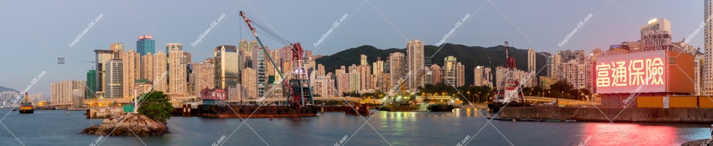 Panoramic view of the buildings in North Point before sunset seen from typhoon shelter in Causeway