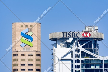 Standard Chartered Bank Building, the signboard and the high-rise in  HSBC Main Building