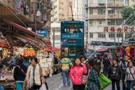 People walking in shopping street of Chun Yeung Streetand Hong Kong Tramway [Landscape] No.2