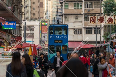 People walking in shopping street of Chun Yeung Streetand Hong Kong Tramway [Landscape] No.3