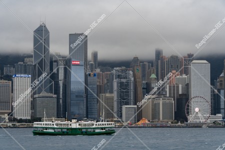 The Financial high-rise buildings at Central and Star Ferry on a cloudy day [Landscape] No.1