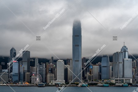 View of the high-rise buildings and Star Ferry at Centarl on a cloudy day, No.2