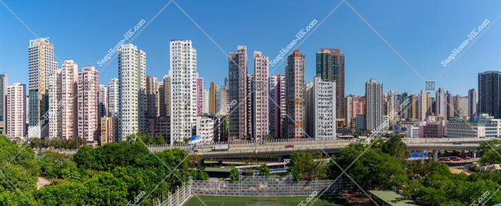 Panorama view on old high mansions from Mong Kok to Yaumatei
