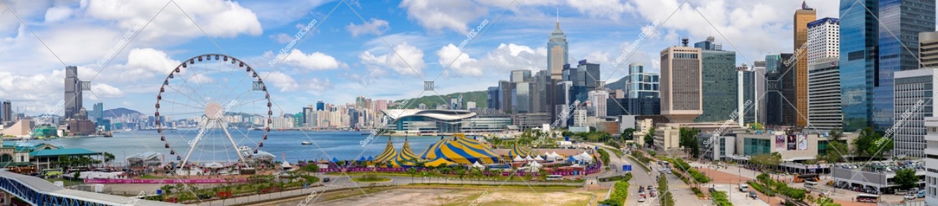 Panoramatic view of Central to Wan Chai with the Hong Kong Observation Wheel