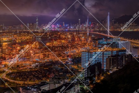 Night view of Kwai Tsing Container Terminal, West Kowloon and Hong Kong Island, No.4