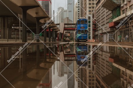 Landscape and Hong Kong Tramway reflecting on water, Sheung Wan, No.1