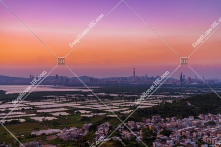 Evening view of ponds at Fung Lok Wai, and Shenzhen, No.4