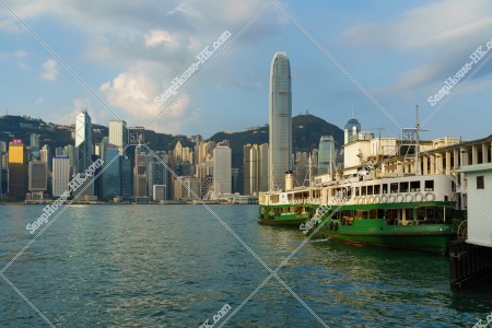 Morning view of the high-rise buildings at Central with Star Ferry