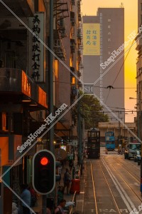 Street view of Kennedy Town in the evening with Hong Kong Tramway, No.2