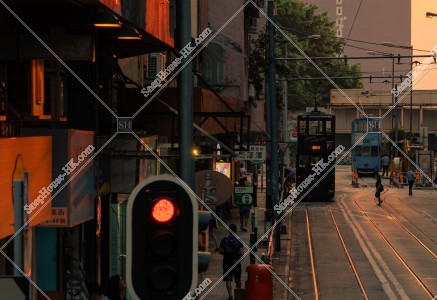 Street view of Kennedy Town in the evening with Hong Kong Tramway, No.3