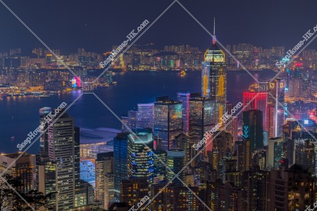 Night view of the high-rise buildings at Wan Chai and Victoria Harbour, No.1