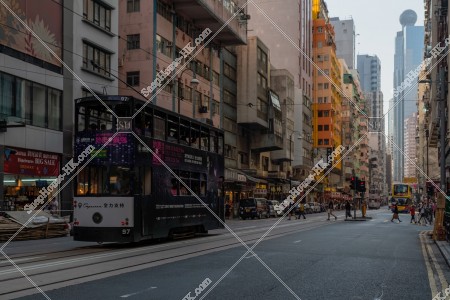 Street view of Sai Ying Pun with Hong Kong Tramway