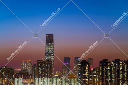 Dusk view of high-rise buildings at Kowloon Peninsula